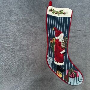 Vintage 1993 wool needlepoint Christmas stocking Santa NOS